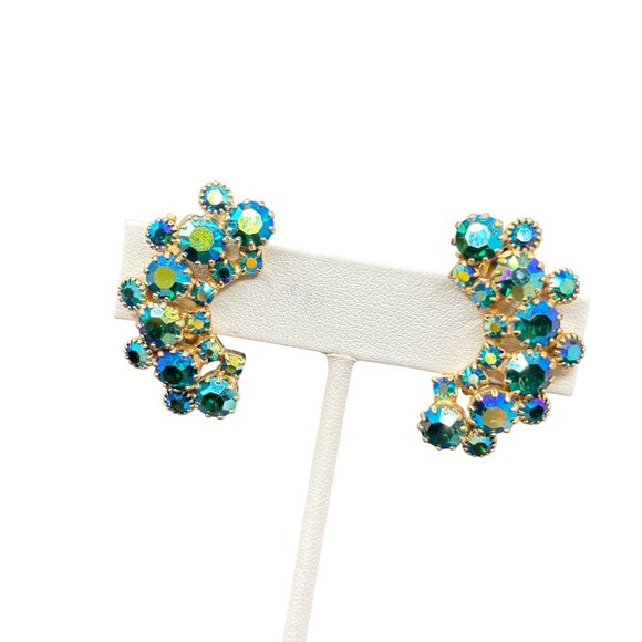 Vintage Weiss Aurora Borealis Blue & Green Rhinestone Cluster Clip-On Earrings - Picture 14 of 14